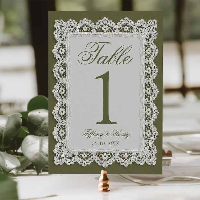 Convites Número de Mesa de Casamento com Renda Verde Oliva (Criador carregado)