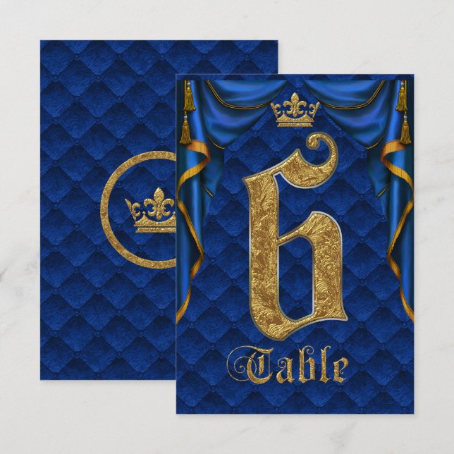 Convites Número de Mesa de Casamento Coroa Dourada Azul Rea (Frente/Verso)