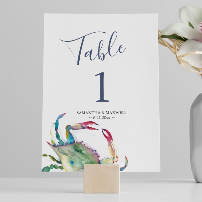 Convites Número de Mesa de Casamento de Caranguejo Costeiro (Beach wedding table numbers watercolor blue crab art by Victoria Grigaliunas of Do Tell A Belle)