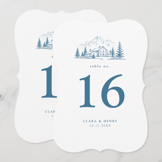 Convites Número de Mesa de Casamento Die-Cut Azul Alpino (Frente/Verso)