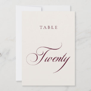 Convites Número de Mesa de Casamento em Caligrafia Burgundy