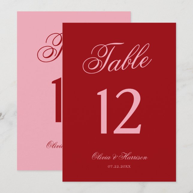 Convites Número de Mesa de Casamento em Letra Vermelha Rosa (Frente/Verso)