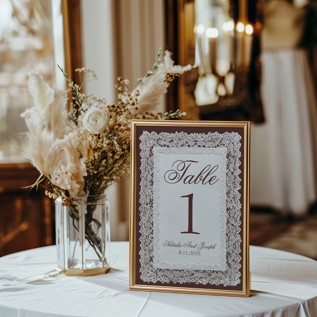 Convites Número de Mesa de Casamento em Renda Marrom Chocol (Criador carregado)