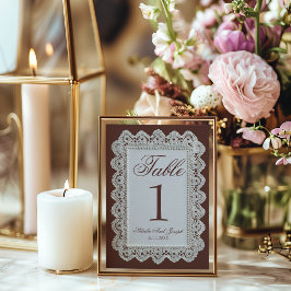 Convites Número de Mesa de Casamento em Renda Marrom Chocol