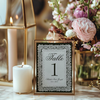 Convites Número de Mesa de Casamento em Renda Preta e Branc