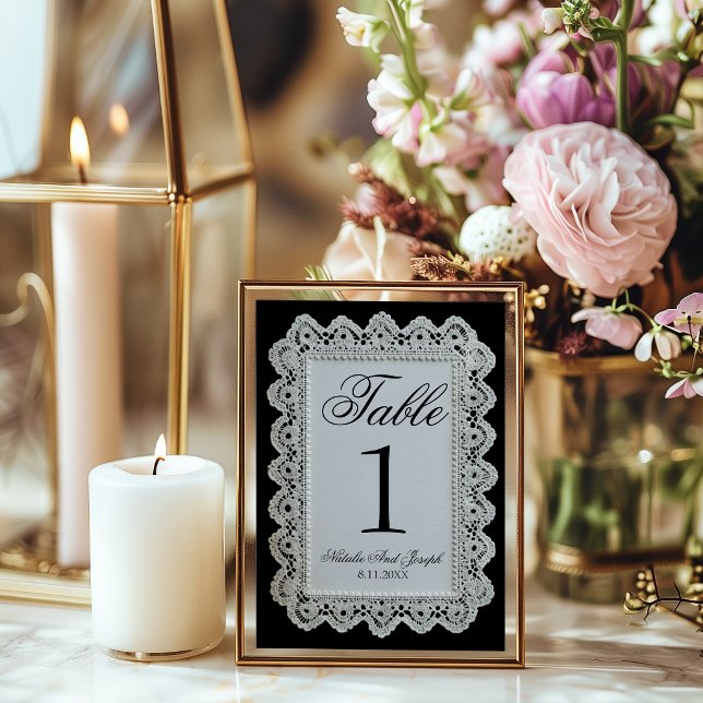 Convites Número de Mesa de Casamento em Renda Preta e Branc (Criador carregado)