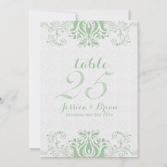 Convites Número de Mesa de Casamento em Renda Verde Clara e (Frente)