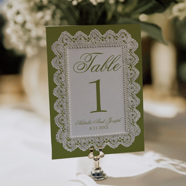 Convites Número de Mesa de Casamento em Renda Verde Oliva O (Criador carregado)