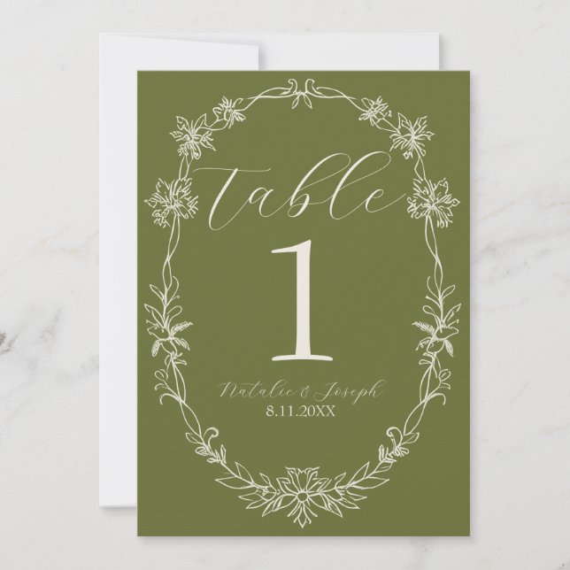 Convites Número de Mesa de Casamento em Verde Oliva Clássic (Frente)