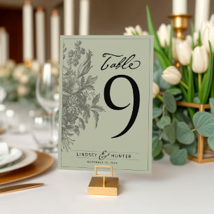 Convites Número de Mesa de Casamento em Verde Sage Floral V