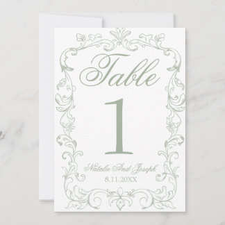 Convites Número de Mesa de Casamento em Verde Salvia Antigo