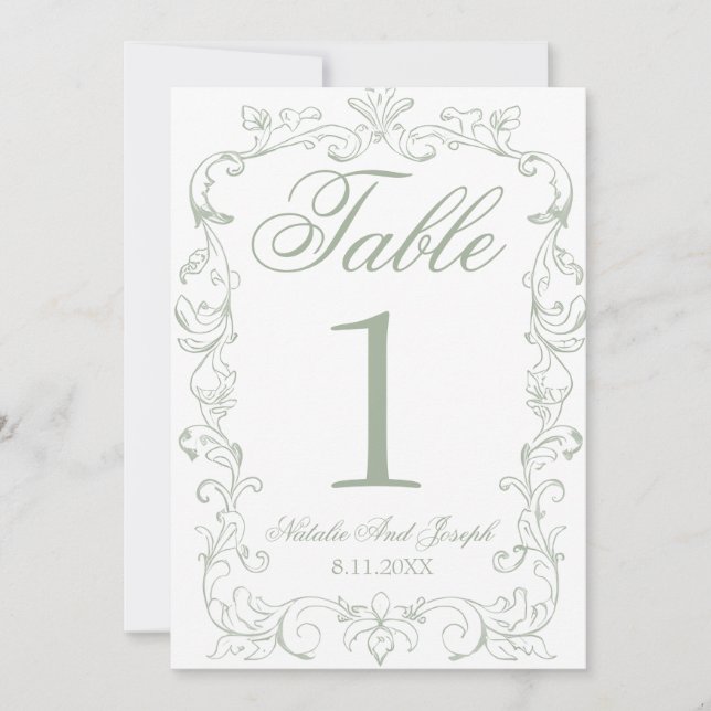 Convites Número de Mesa de Casamento em Verde Salvia Antigo (Frente)