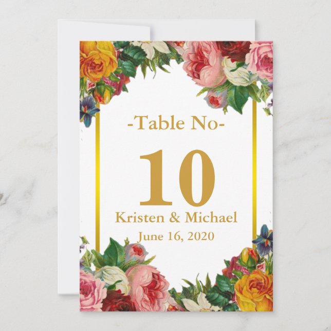 Convites Número de Mesa de Casamento Floral Dourado Elegant (Frente)