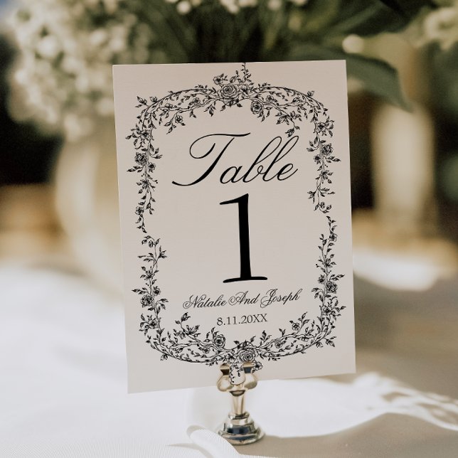 Convites Número de Mesa de Casamento Floral Preto e Branco  (Criador carregado)