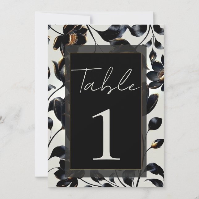 Convites Número de Mesa de Casamento Floral Preto e Dourado (Frente)