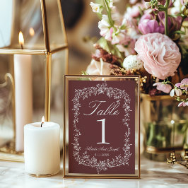 Convites Número de Mesa de Casamento Floral Rubine Burgundy