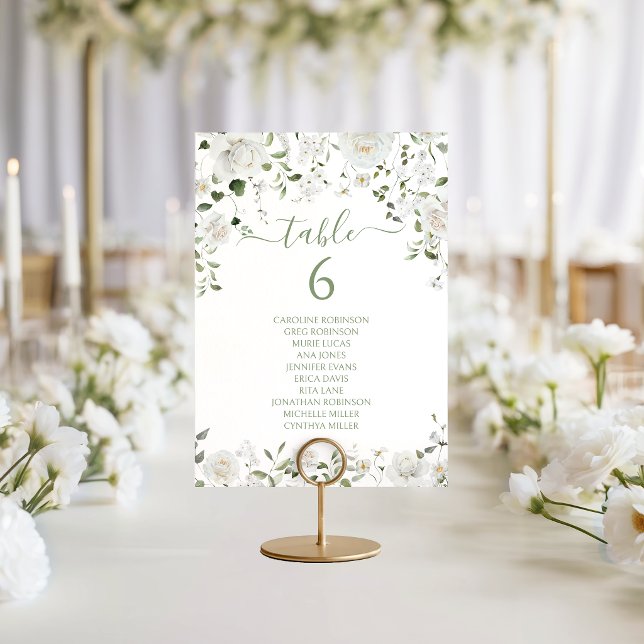 Convites Número de Mesa de Casamento Floral Verde Branco Mo (Criador carregado)