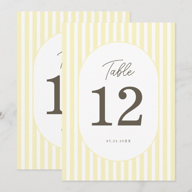 Convites Número de Mesa de Casamento Listrado Amarelo Suave (Frente/Verso)