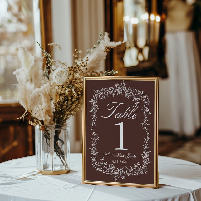 Convites Número de Mesa de Casamento Marrom Chocolate com F (Criador carregado)