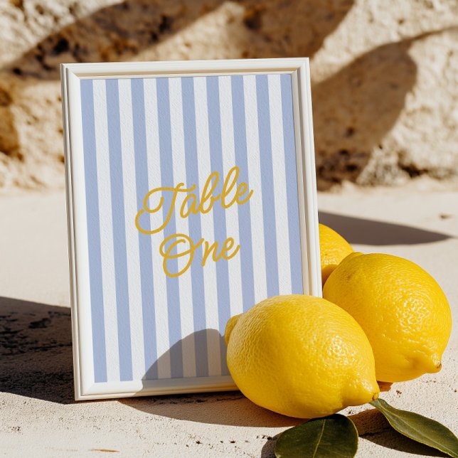 Convites Número de Mesa de Casamento Moderno com Listras Am (Modern Yellow & Blue Striped Wedding Table Number)