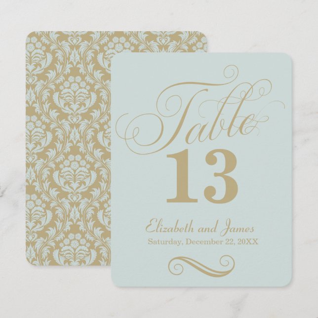 Convites Número de Mesa de Casamento Moderno em Azul e Dour (Frente/Verso)