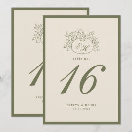Convites Número de Mesa de Casamento Monograma Oliva Creme