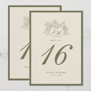 Convites Número de Mesa de Casamento Monograma Oliva Creme