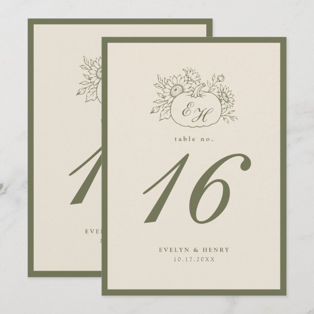 Convites Número de Mesa de Casamento Monograma Oliva Creme (Frente/Verso)