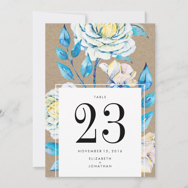 Convites Número de Mesa de Casamento Rosa Kraft Azul Branco (Frente)