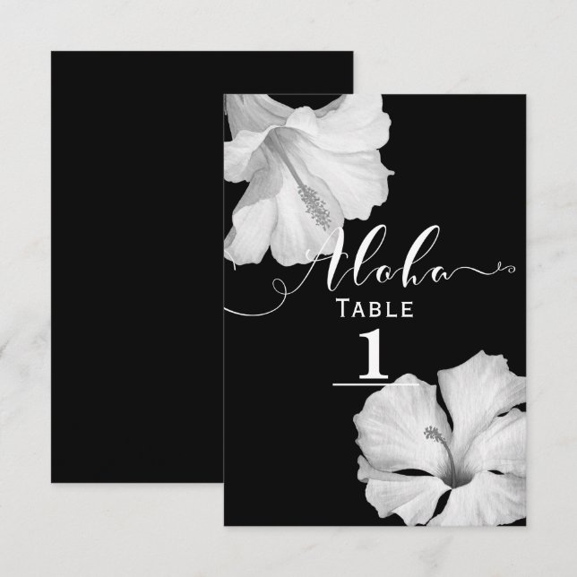 Convites Número de Mesa de Casamento Tropical Preto Hibisco (Frente/Verso)