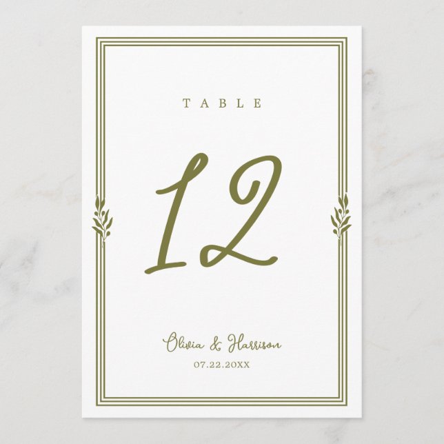 Convites Número de Mesa de Casamento Verde Oliva Toscano (Frente)