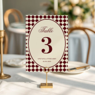 Convites Número de Mesa de Casamento Xadrez Marfim e Borgon