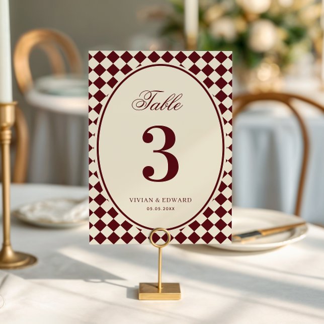 Convites Número de Mesa de Casamento Xadrez Marfim e Borgon (Criador carregado)