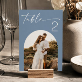 Convites Número de Mesa de Foto Azul Empoeirado. Casamento