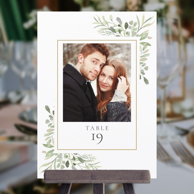 Convites Número de Mesa de Foto de Folhagem Elegante (Elegant Greenery Photo Table Number)