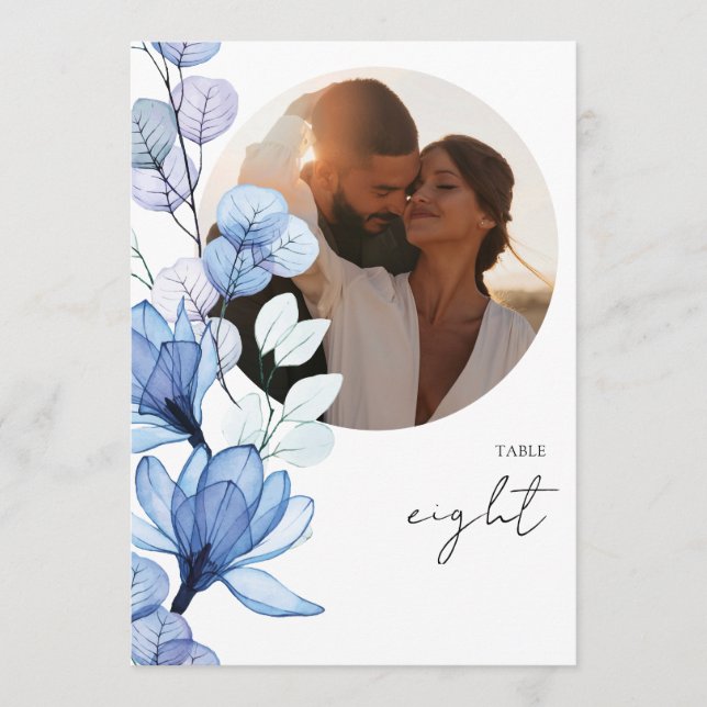 Convites Número de Mesa de Foto Floral Azul Poeira Transpar (Frente)