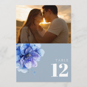 Convites Número de Mesa de Foto Floral de Aquarela Azul Emp