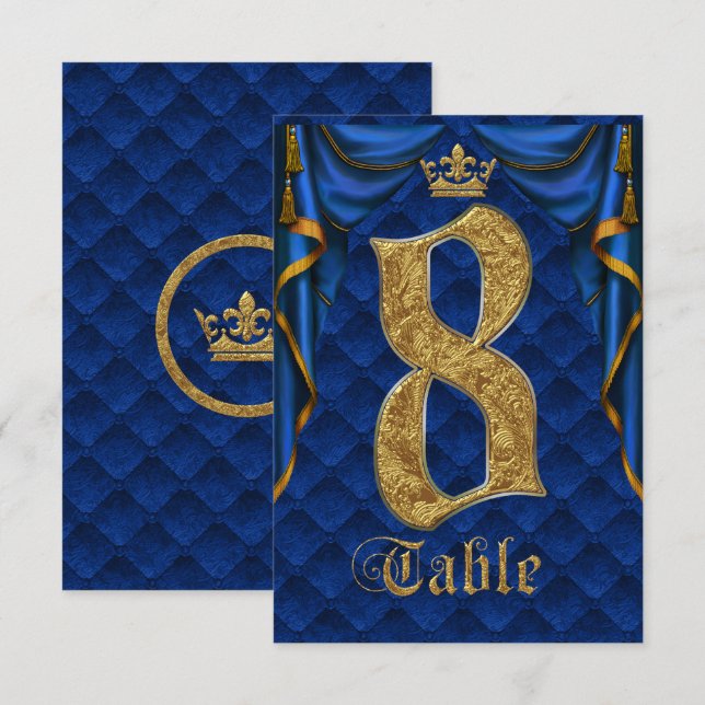 Convites Número de Mesa do Casamento Coroa Dourada Azul Rea (Frente/Verso)