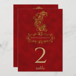 Convites Número de Mesa do Pavão Indiano Vermelho e Dourado