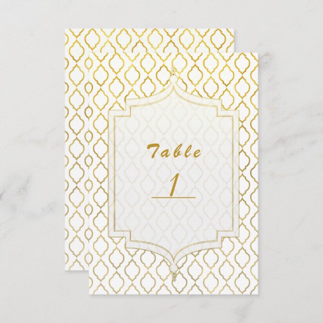 Convites Número de Mesa Dourado e Branco Glam Marroquino Ár (Frente/Verso)