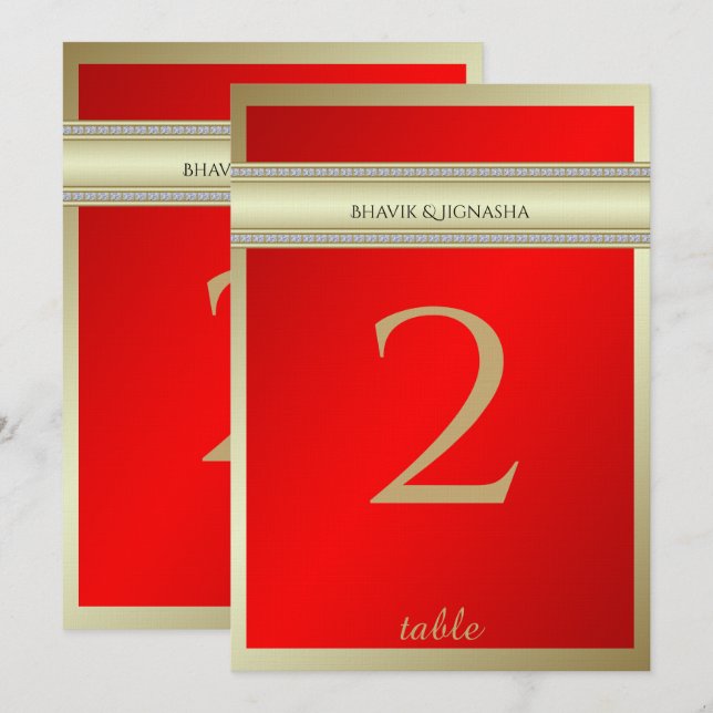 Convites Número de Mesa em Damasco Indiano Vermelho e Doura (Frente/Verso)