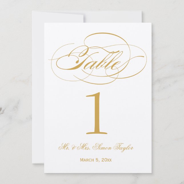 Convites Número de Mesa em Elegant Script - Dourado (Frente)