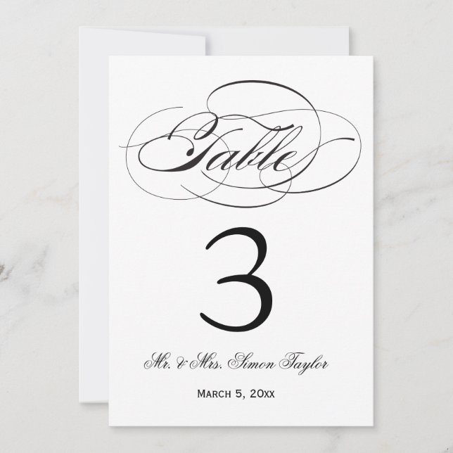 Convites Número de Mesa em Elegant Script - Preto (Frente)