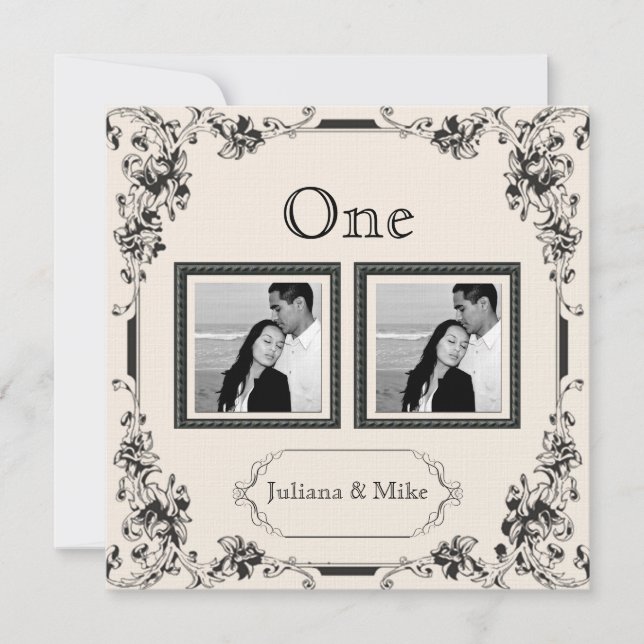 Convites Número de Mesa em Foto Preto e Marfim Antigo (Frente)