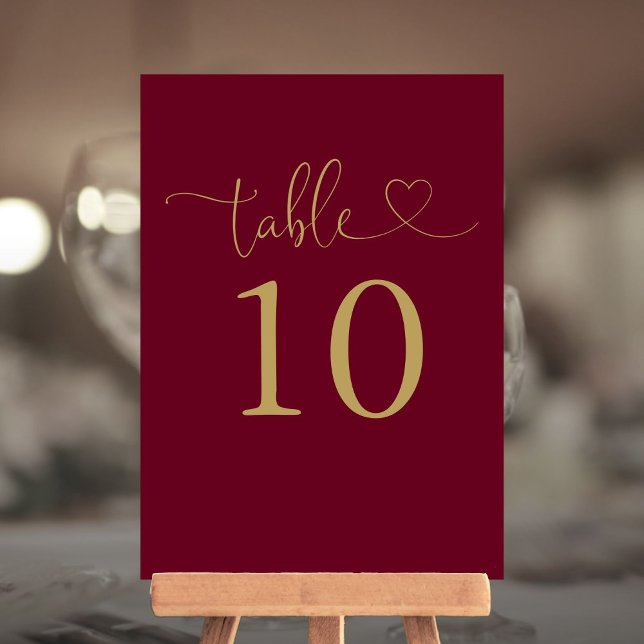 Convites Número de Mesa em Grafia com Coração em Dourado e  (Burgundy And Gold Heart Script Table Number)