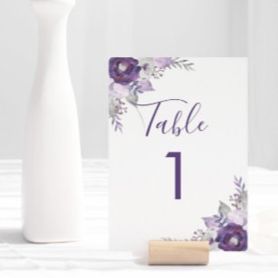 Convites Número de Mesa Floral com Aquarela Roxa e Prata