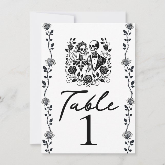 Convites Número de Mesa Floral de Rosa de Esqueleto Branco  (Frente)