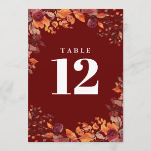 Convites Número de Mesa Floral Outono Burgundy Rústico