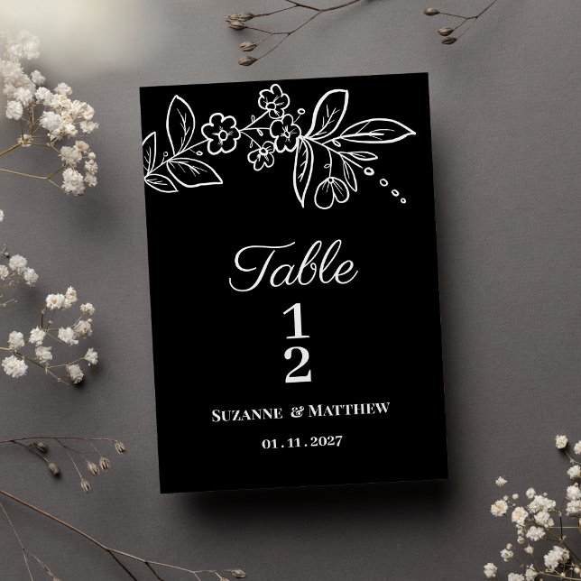 Convites Número de Mesa Floral Preto e Branco Simples e Ele (Simple elegant black white floral Table Numbers)