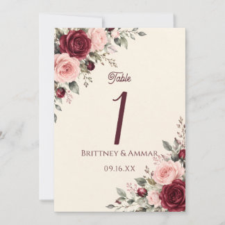 Convites Número de Mesa Floral Rosa Borgonha & Blush Casame